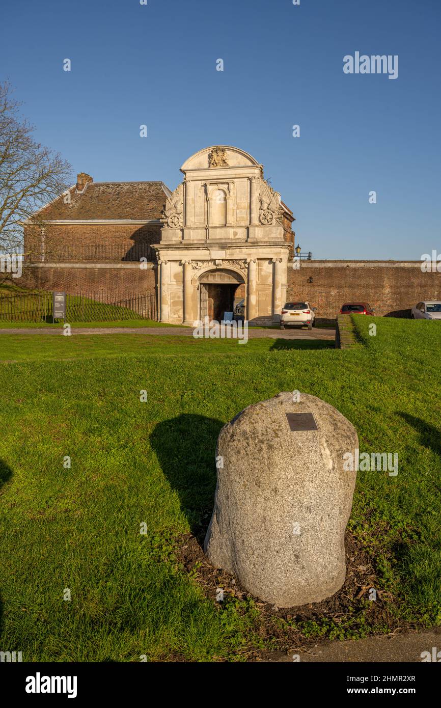 The Culloden stone and main entrance to Tilbury fort commemorating the