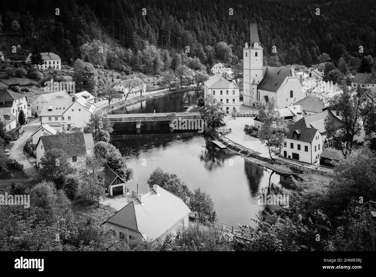 Picturesque old small town in the South Bohemia, Rozmberk nad Vltavou, Czechia. Black and white photography, europen landscape Stock Photo