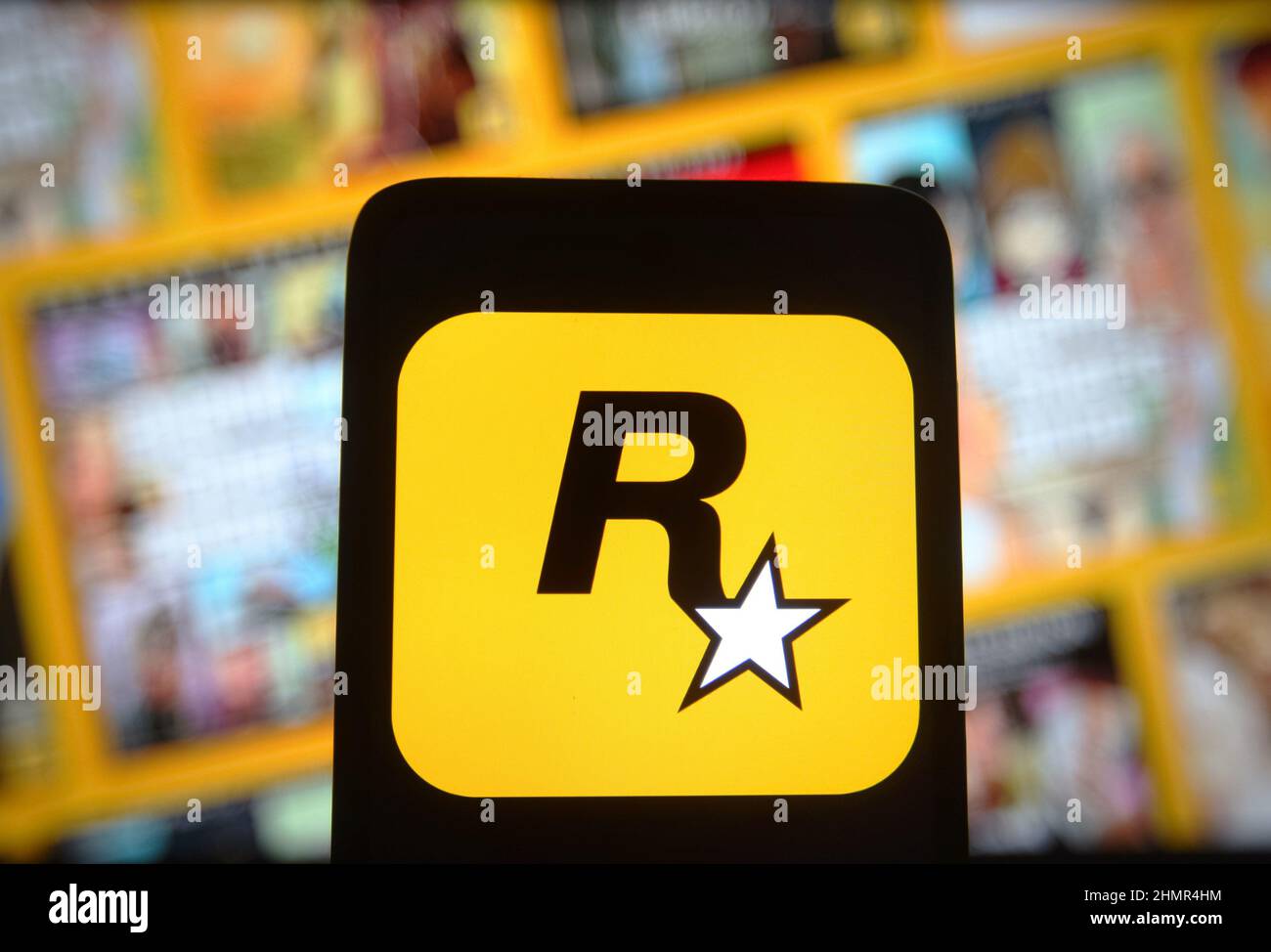 monitor logo Rockstar Games software house producer of video games, famous  for Grand Theft Auto and Red Dead Redemption Stock Photo