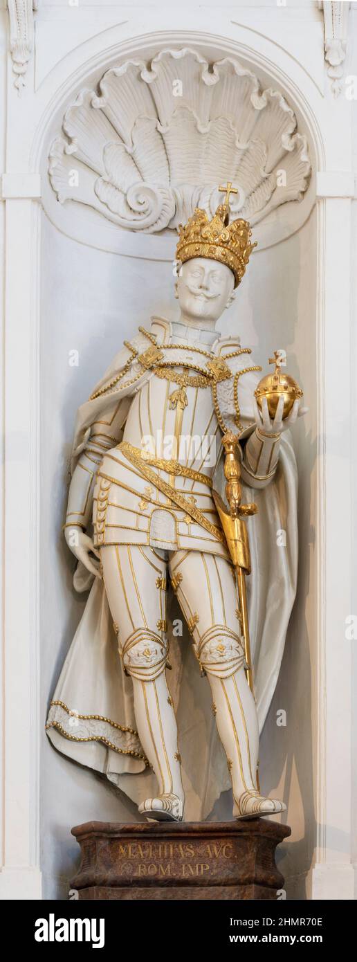 VIENNA, AUSTIRA - JULI 5, 2021: The carved polychrome baroque satue of roman emperor Matthias Corvinus in the church Kapuzinerkirche from  17. cent.. Stock Photo