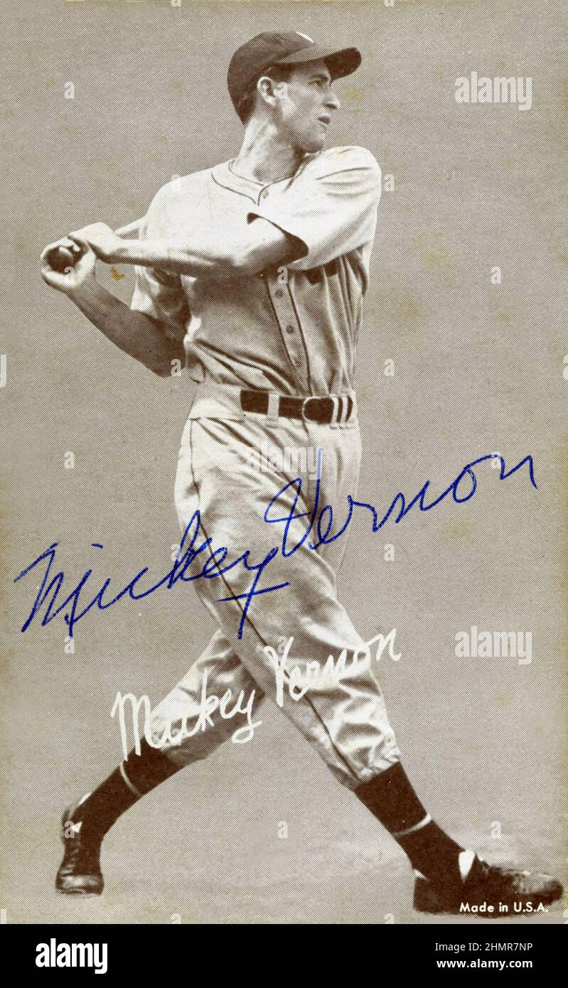 Sepia toned autographed Exhibit baseball card depicting player Mickey Vernon Stock Photo