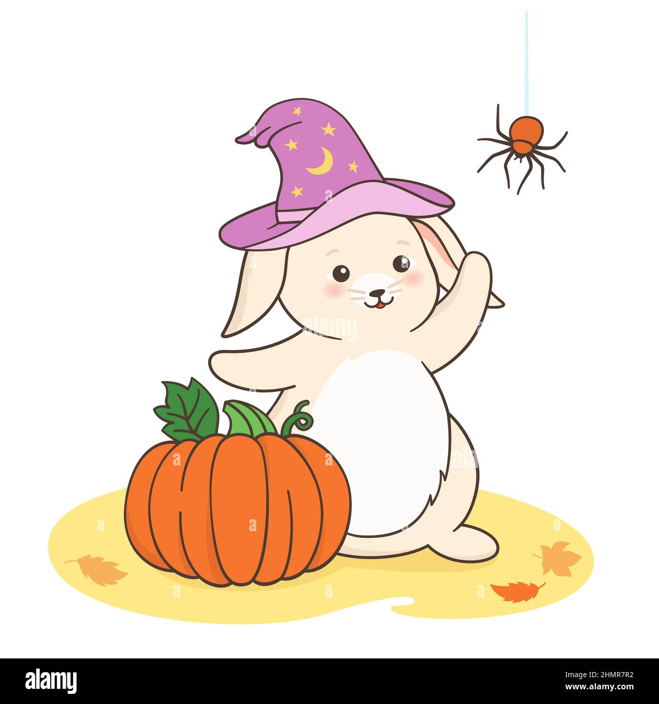 Halloween postcard, Rabbit with witch hat and pumpkin, cartoon spider poster. Bunny childish character, Happy Halloween festival concept. Hare mascot symbol year. Outline flat vector illustration Stock Vector