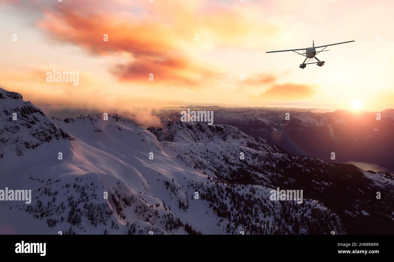 Adventure Composite of Airplane Flying over Canadian Mountain Landscape. Stock Photo