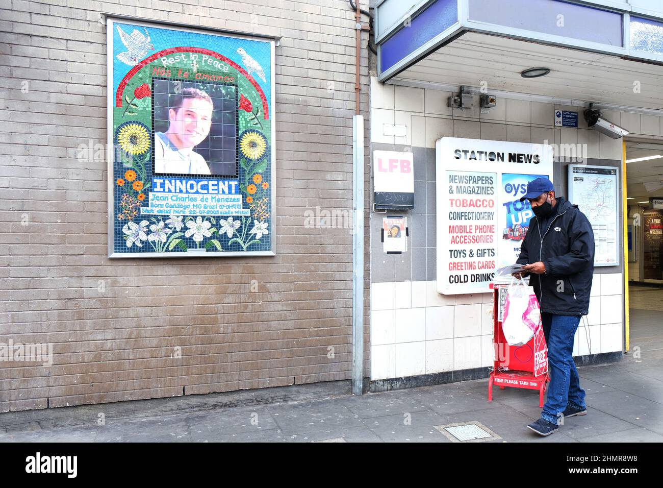 London, UK, 11th Feb, 2022, The mosaic memorial to Brazilian electrician Jean Charles de Menezes stands outside the underground station he was killed in after counter-terrorism police officers mistook him for a suicide bomber in 2005. A relative of Mr. de Menezes says the Met Police commissioner Dame Cressida Dick, who led the operation, should have resigned after his death. Credit: Eleventh Hour Photography/Alamy Live News Stock Photo