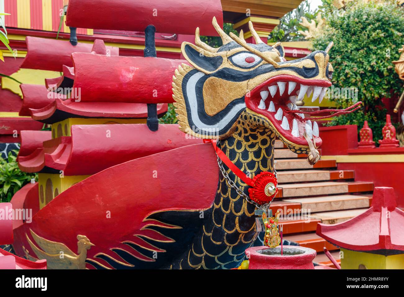 Dragon boat at Chinese temple Kelenteng Ong Tay Jen Griya Kongco Dwipayana, Denpasar, Bali, Indonesia. Stock Photo