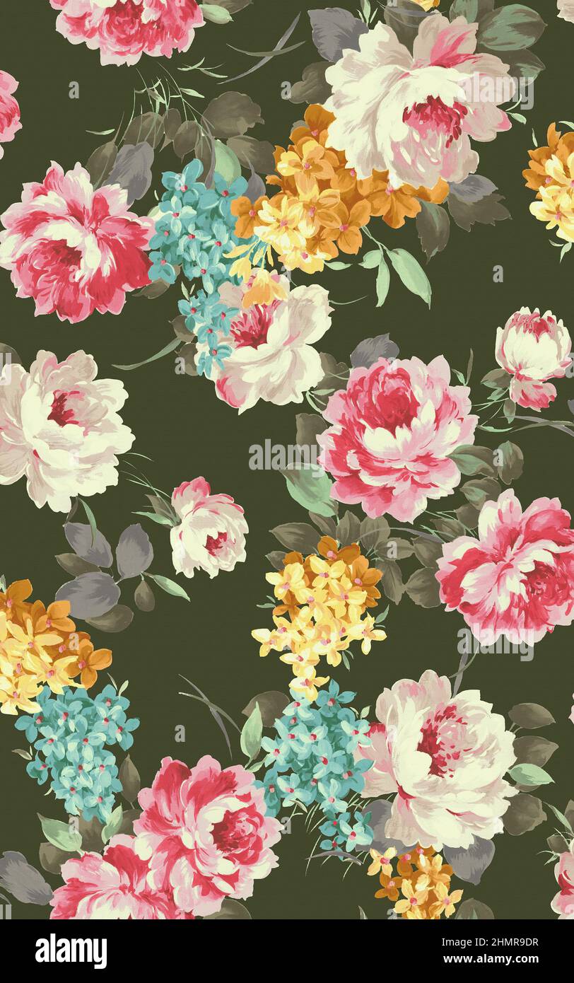 Flowers Bunch, Hand painted Flowers, Digital Textile Print Flowers Stock Photo