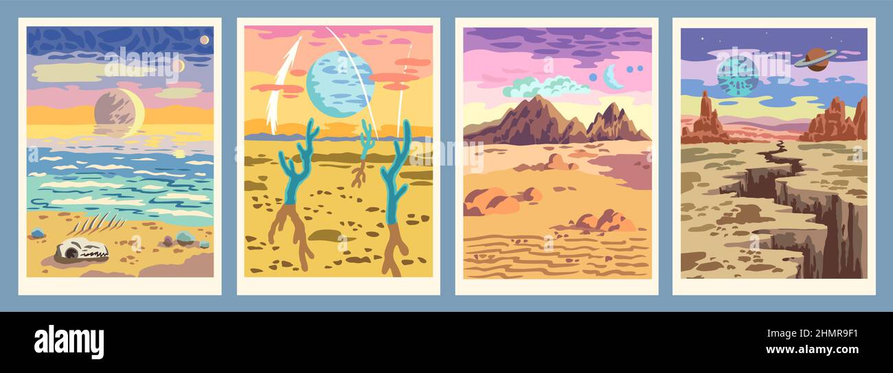 Fantasy cartoon landscape of alien planet in warm vibrant colors. Set ...