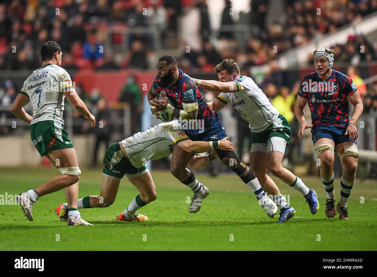 Bristol, UK. 11th Feb, 2022. Henry Purdy of Bristol Bears, tackled by Henry Arundel and James Stokes of London Irish, in Bristol, United Kingdom on 2/11/2022. (Photo by Mike Jones/News Images/Sipa USA) Credit: Sipa USA/Alamy Live News Stock Photo