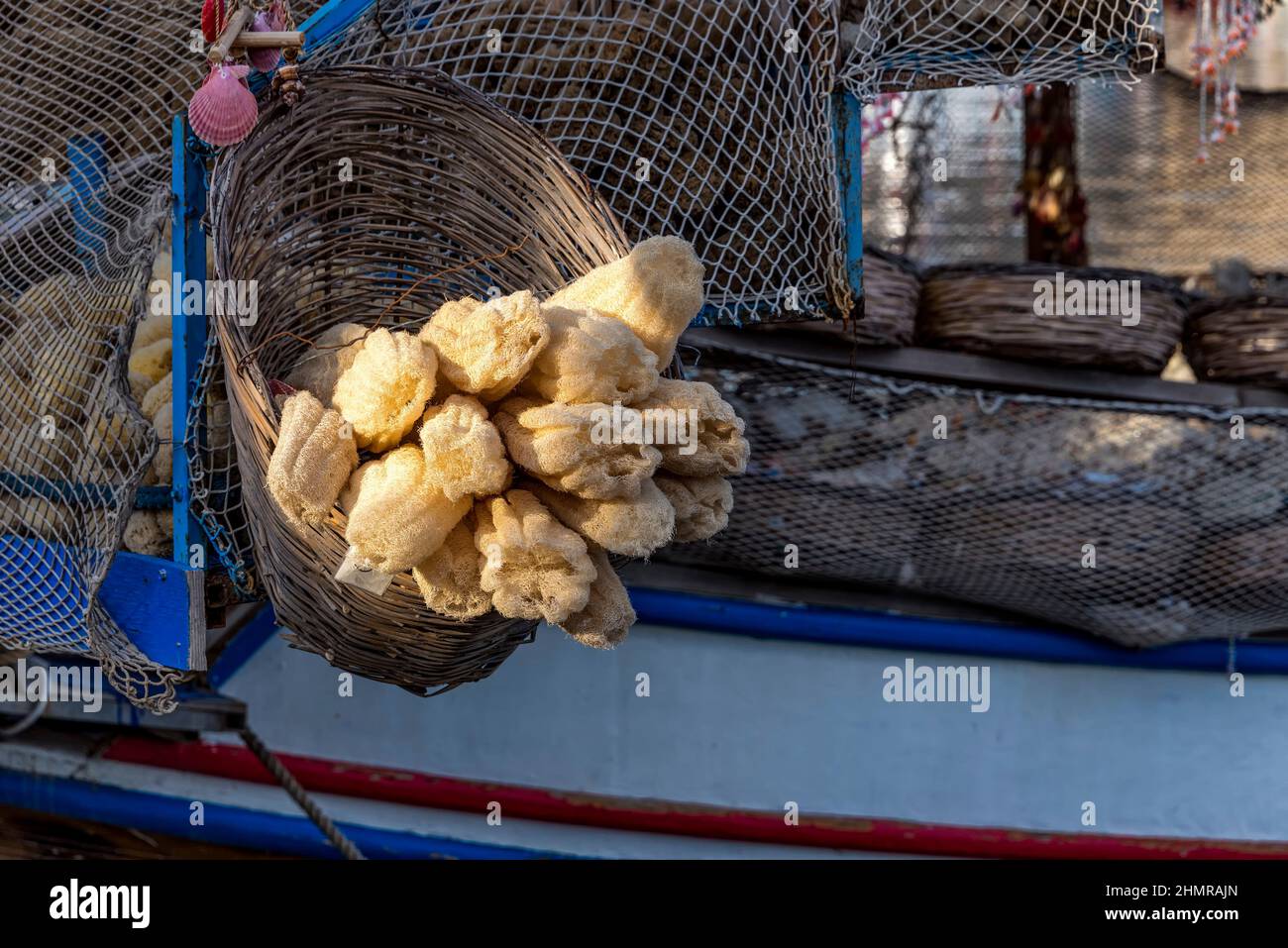 Boat with baskets of sponge gourd Stock Photo