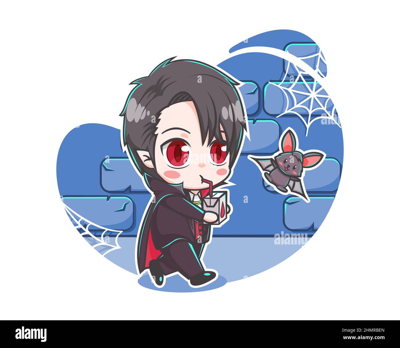 Cute vampire drinking blood with a bat cartoon illustration Stock
