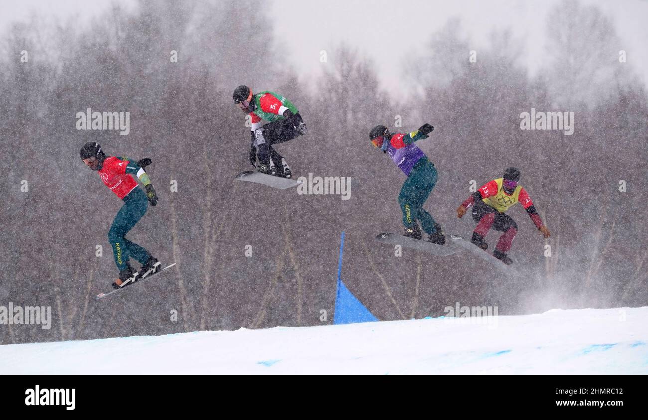 Australia's Cameron Bolton, USA's Nick Baumgartner, Australia's Adam Lambert  and Switzerland's Kalle Hoblet (left-right) competing in the Mixed Team  Snowboard Cross Quarterfinal 2 during day eight of the Beijing 2022 Winter  Olympic