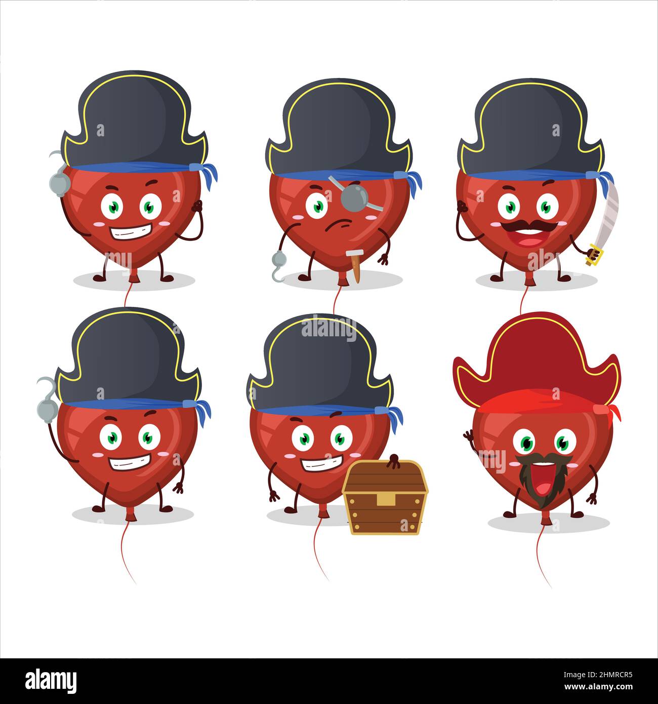 Cartoon character of red love balloon with various pirates emoticons