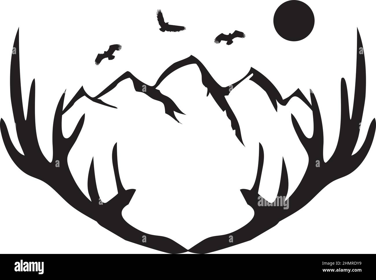 Vector Illustration of a deer antlers with mountains, eagles, moon. Stock Vector