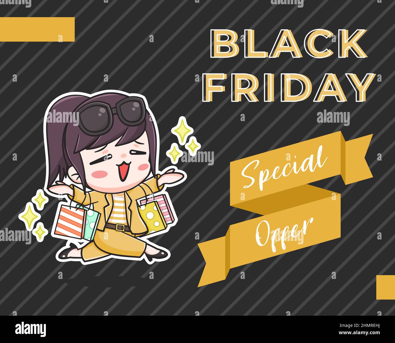 Black friday sale banner template with a cute girl shopping cartoon