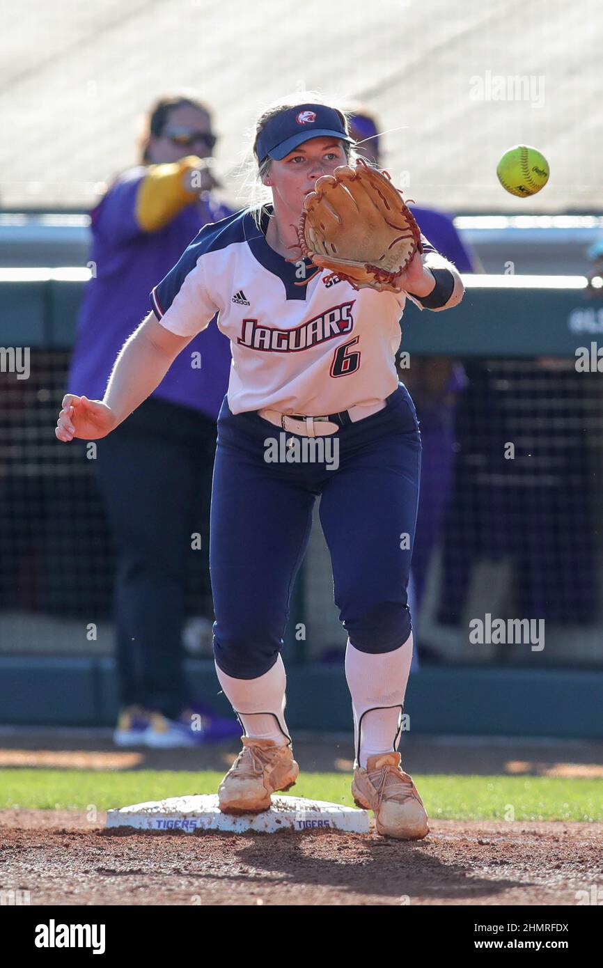 Baton Rouge, LA, USA. 11th Feb, 2022. South Alabama's Abby Allen (6) watches a ball into her glove during NCAA Softball action between the University of South Alabama Jaguars and the LSU Tigers at Tiger Park in Baton Rouge, LA. Jonathan Mailhes/CSM/Alamy Live News Stock Photo