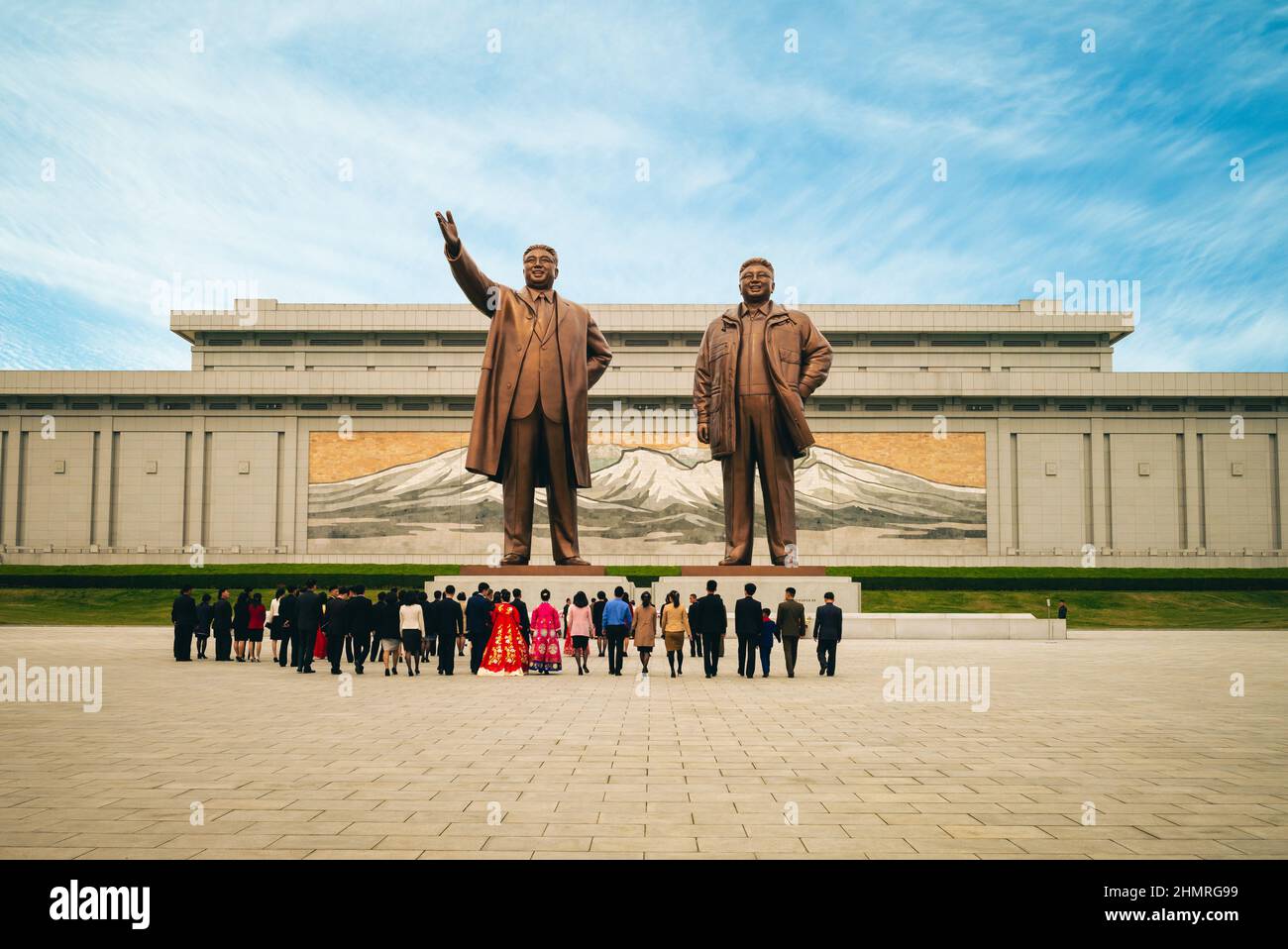 April 29, 2019: 20 meter tall Kim Il Sung and Kim Jong Il statues at the central part of  the Mansu Hill Grand Monument located at Mansudae, pyongyang Stock Photo