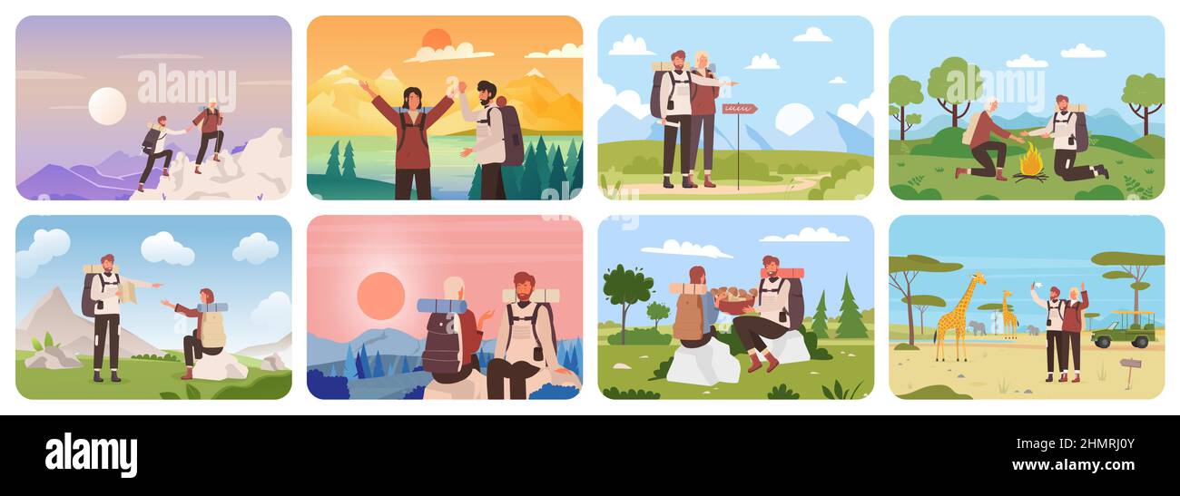 Tourist couple in outdoor travel adventure set vector illustration. Cartoon hiker characters trekking in scenic nature landscape, climbing on mountain top, hiking with backpacks. Tourism concept Stock Vector