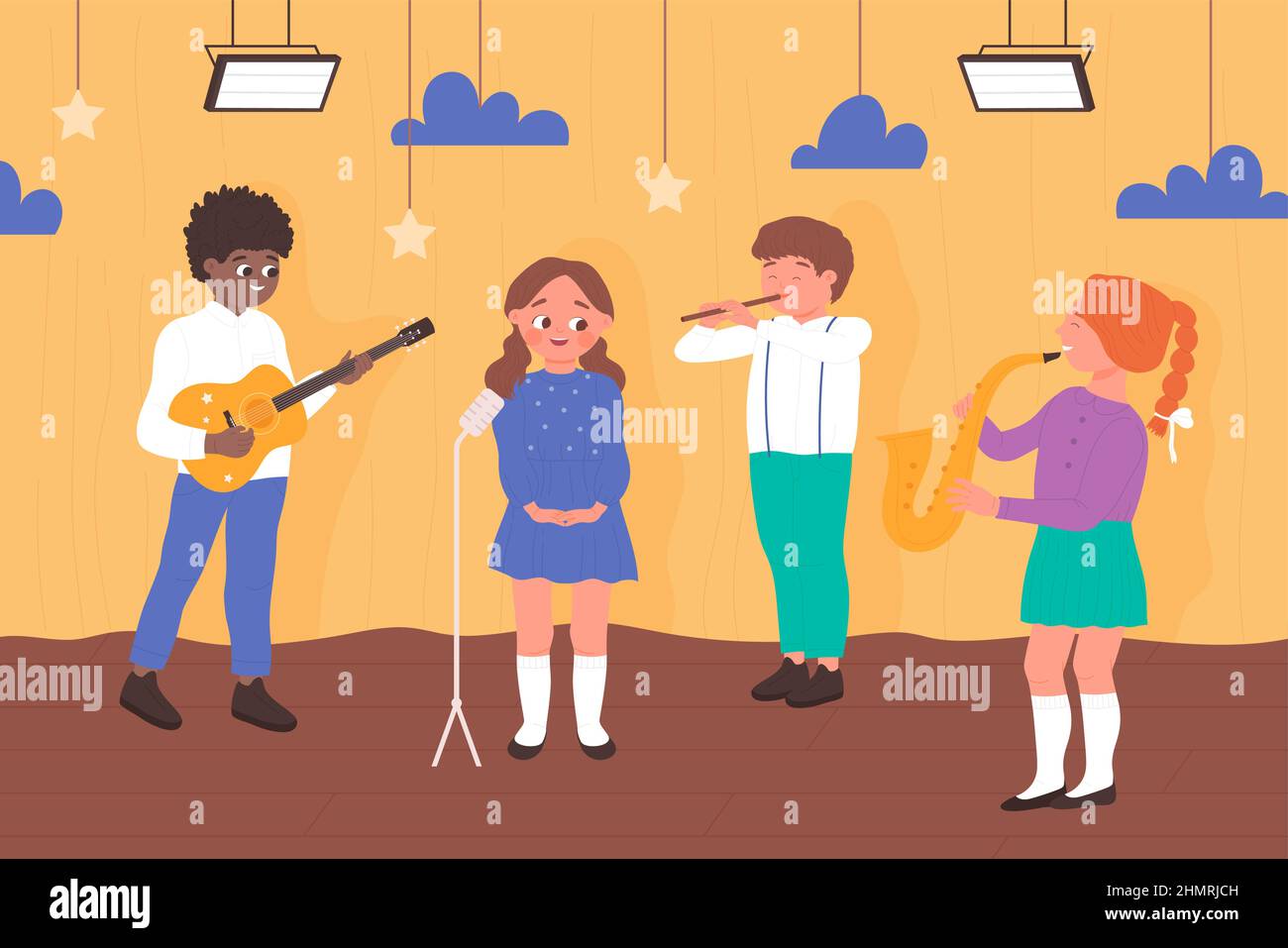Children with musical instruments play acoustic music on school concert or party vector illustration. Cartoon cute group of boys and girls musicians playing saxophone, flute and guitar, singer singing Stock Vector