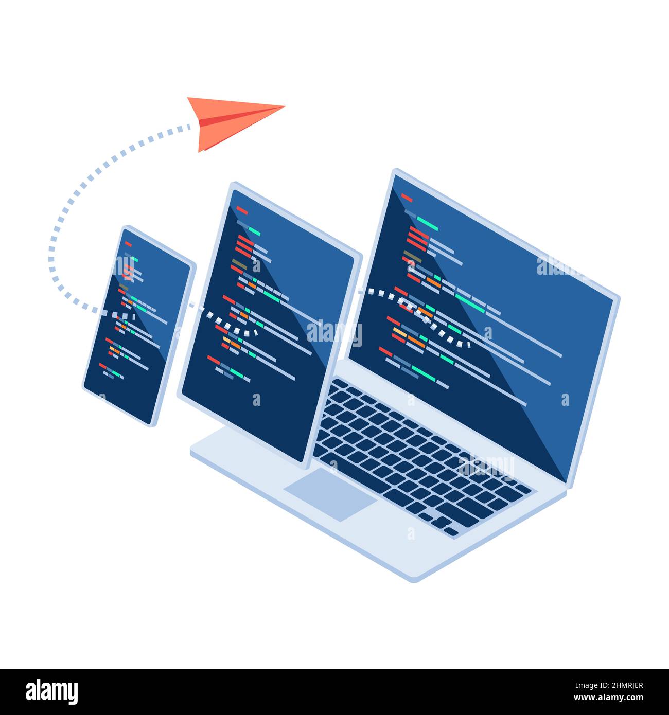 Flat 3d Isometric Paper Airplane Flying Across Laptop computer, Tablet