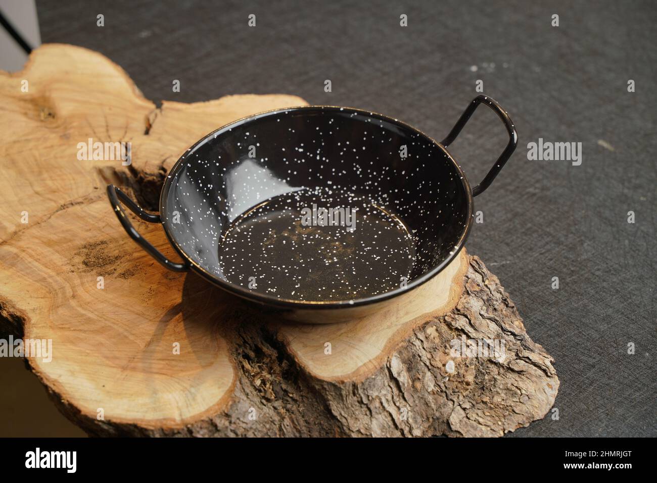 Black pan with white spots on a wooden surface Stock Photo Alamy