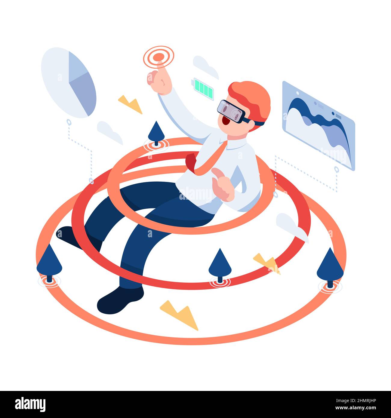Flat 3d Isometric Businessman Playing in Virtual Reality World with VR Goggles. Metaverse and Virtual Reality Technology Concept. Stock Vector