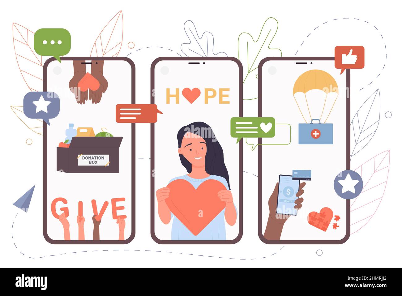 Online donation campaign vector illustration. Cartoon girl volunteer holding heart, hands with mobile phones donating money, medical humanitarian aid and holding give letters. Charity concept Stock Vector