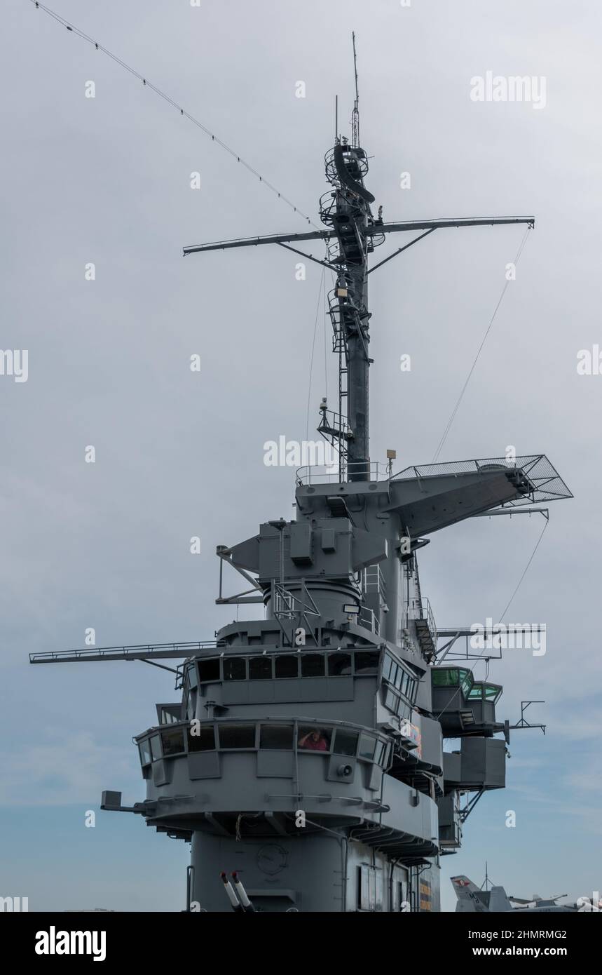 The island from the USS Yorktown that serves as the command center for the aircraft carrier Stock Photo