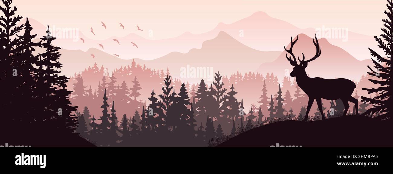 Horizontal banner. Silhouette of deer standing on grass hill. Mountains and forest in the background. Magical misty landscape, trees, animal. Pink. Stock Vector