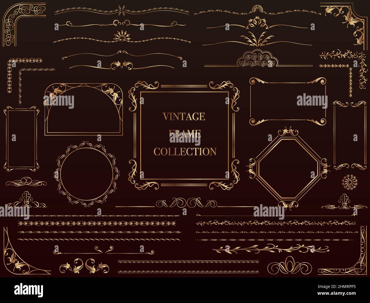 Gold vintage frames and borders set isolated on a black background ...