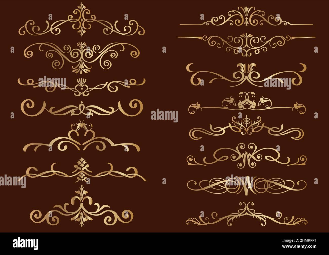 Set of gold vintage borders isolated on a dark background. Vector illustration. Stock Vector