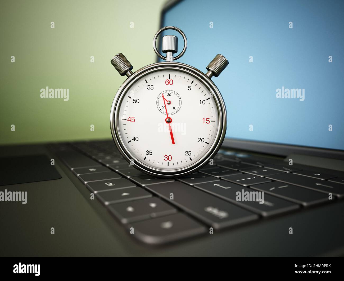 Chronometer standing on laptop keyboard. 3D illustration. Stock Photo