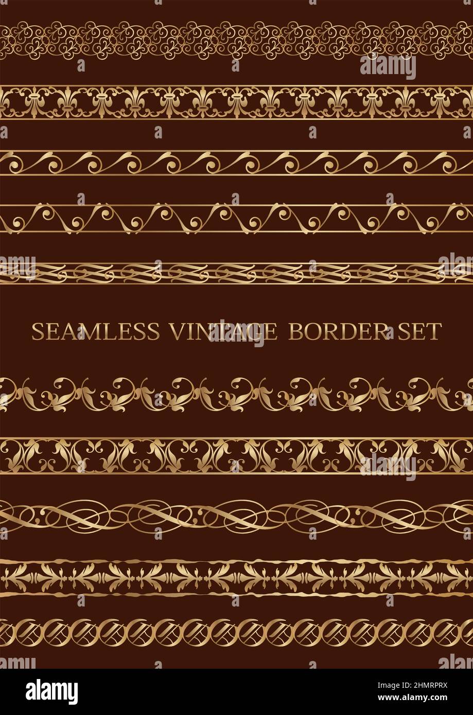 Set of seamless gold vintage borders isolated on a dark background. Vector illustration. Horizontally repeatable. Stock Vector