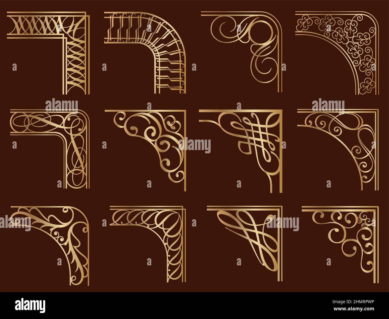 Gold Vintage Corner Frames Set Isolated On A Dark Background. Vector Illustration Stock Vector