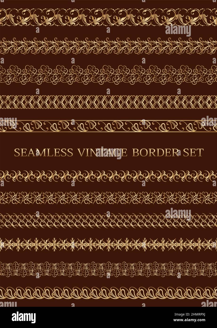 Seamless gold vintage borders set isolated on a dark background. Vector illustration. Horizontally repeatable. Stock Vector