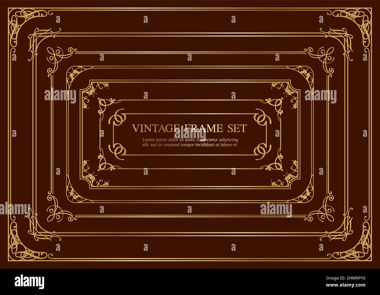 Set Of Seven Gold Rectangle Vintage Frames Isolated On A Dark ...