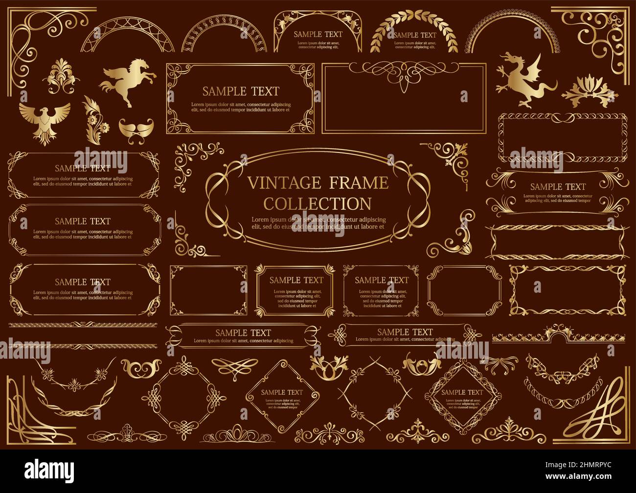Decorative Vector Gold Frames and Borders Set Isolated On A Dark Background. Stock Vector