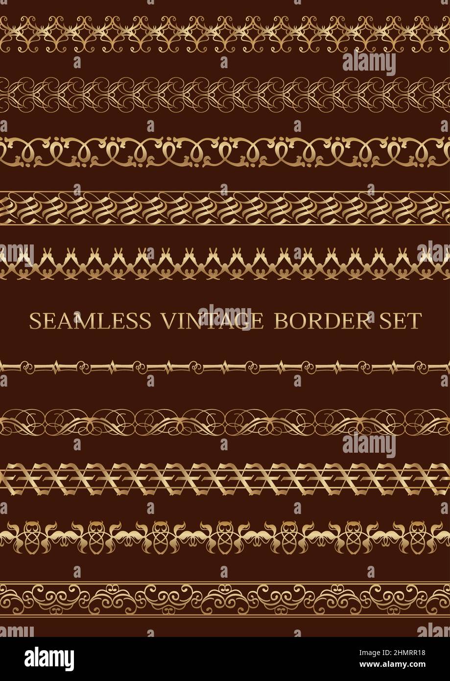 Seamless gold vintage borders set isolated on a dark background. Vector ...