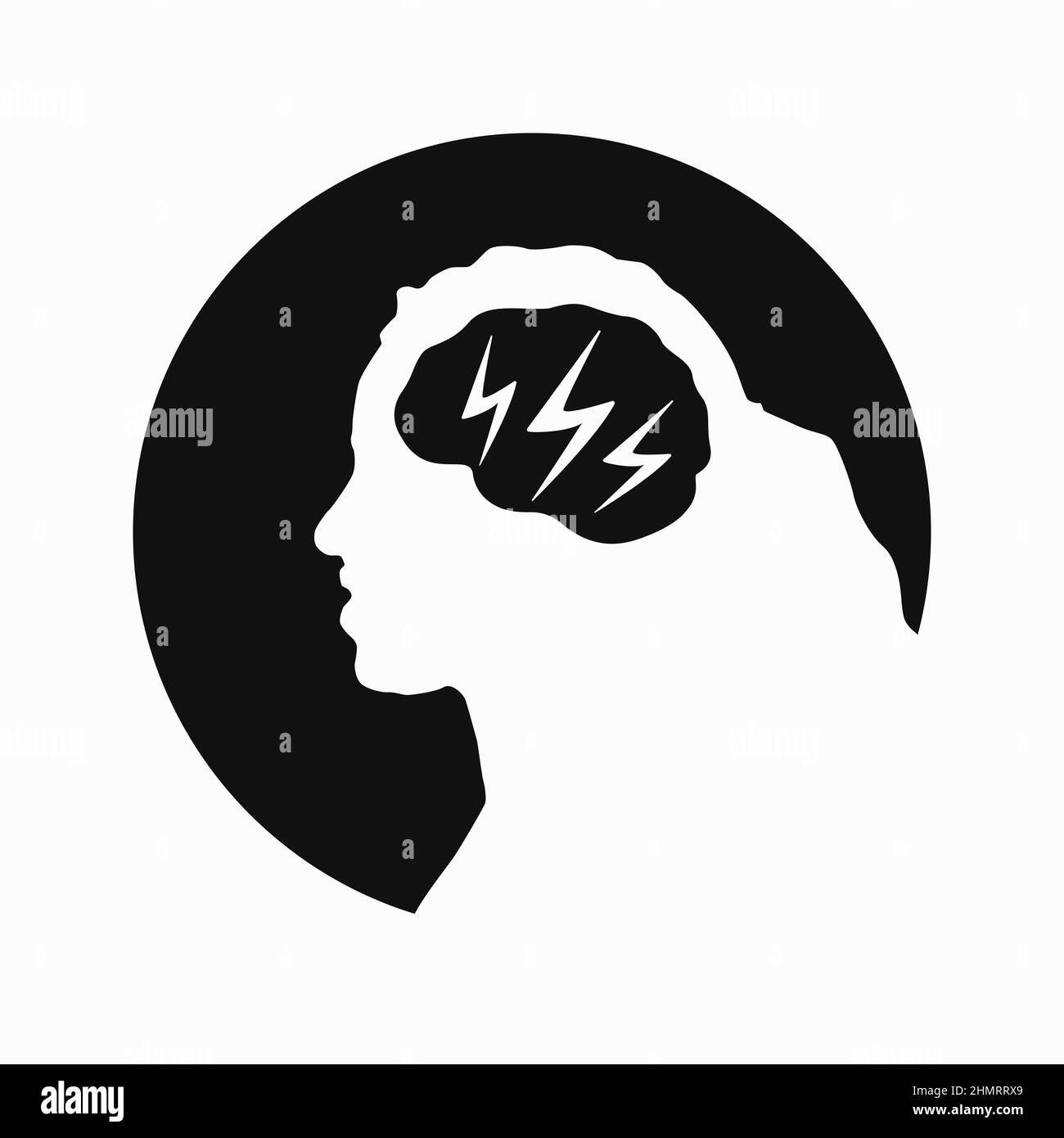 Migraine linear icon. Woman head with lightning bolt. Thunderclap head. Temple pressure, pain. Flu symptom. outline symbol. Vector illustration isolat Stock Vector