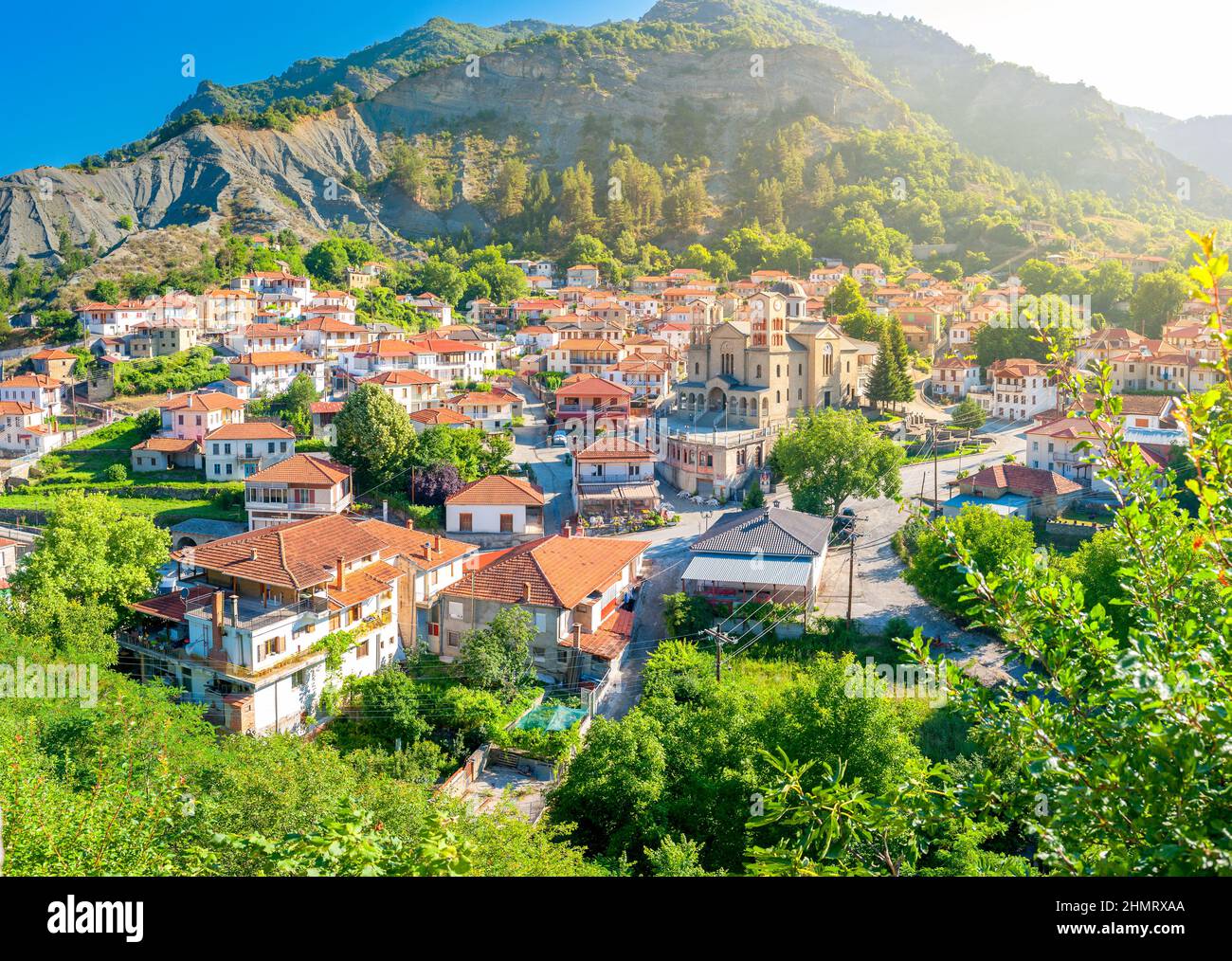 small resort village in Greece in the rays of the morning sun Stock Photo