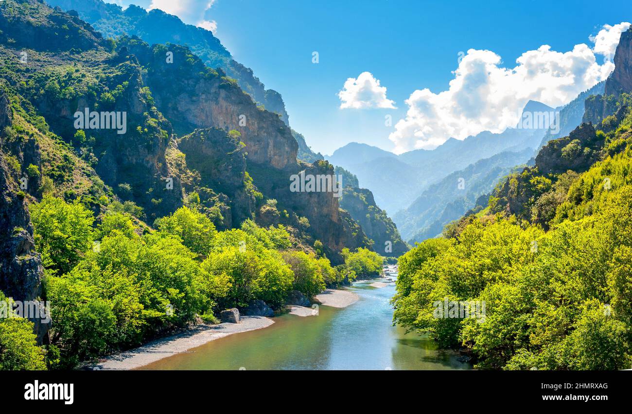 Panorama of the mountains in Greece in the area Zagori, the river flowing in the canyon Stock Photo