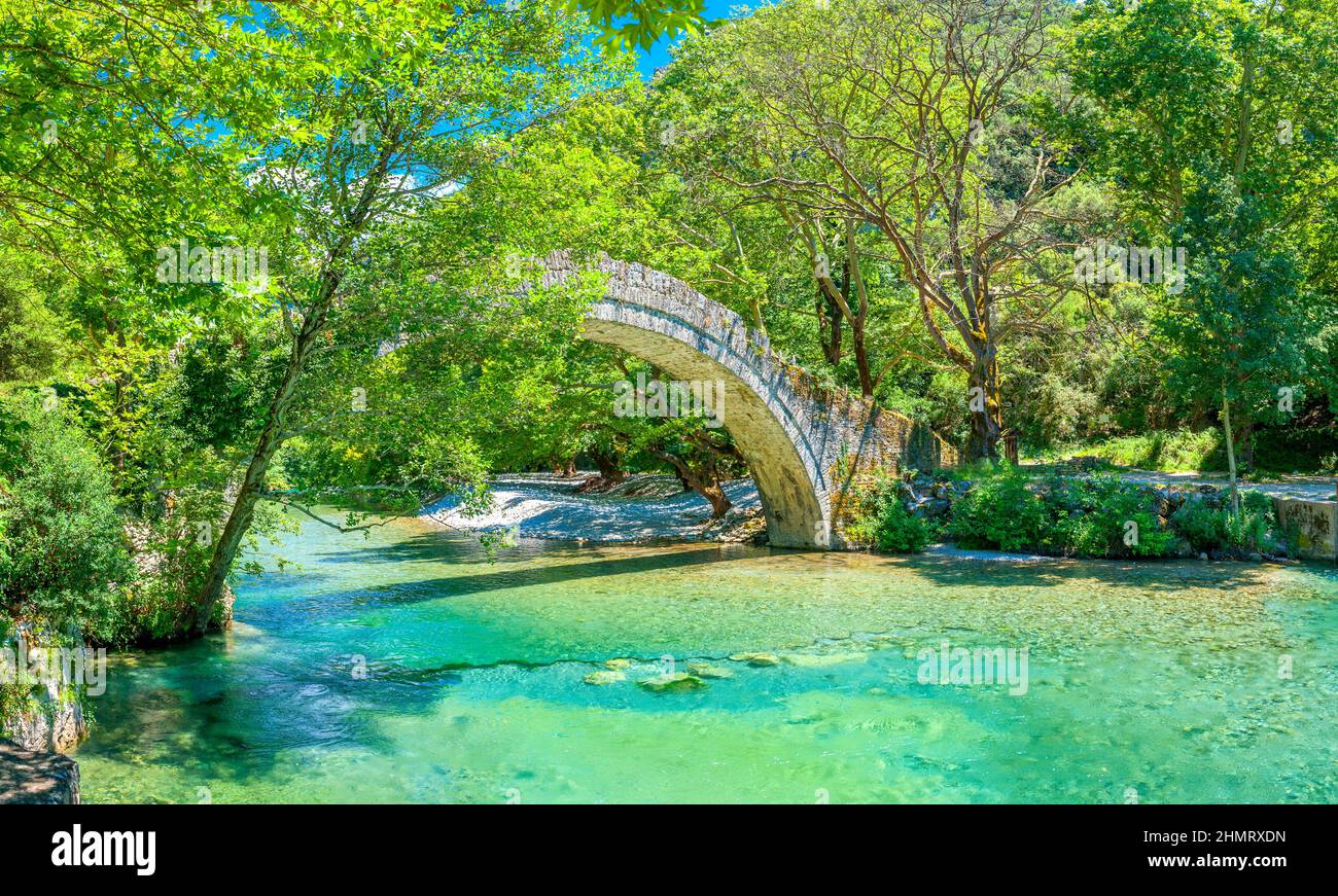 View of the old stone bridge Noutsos located in central Greece, Zagori, Europe Stock Photo