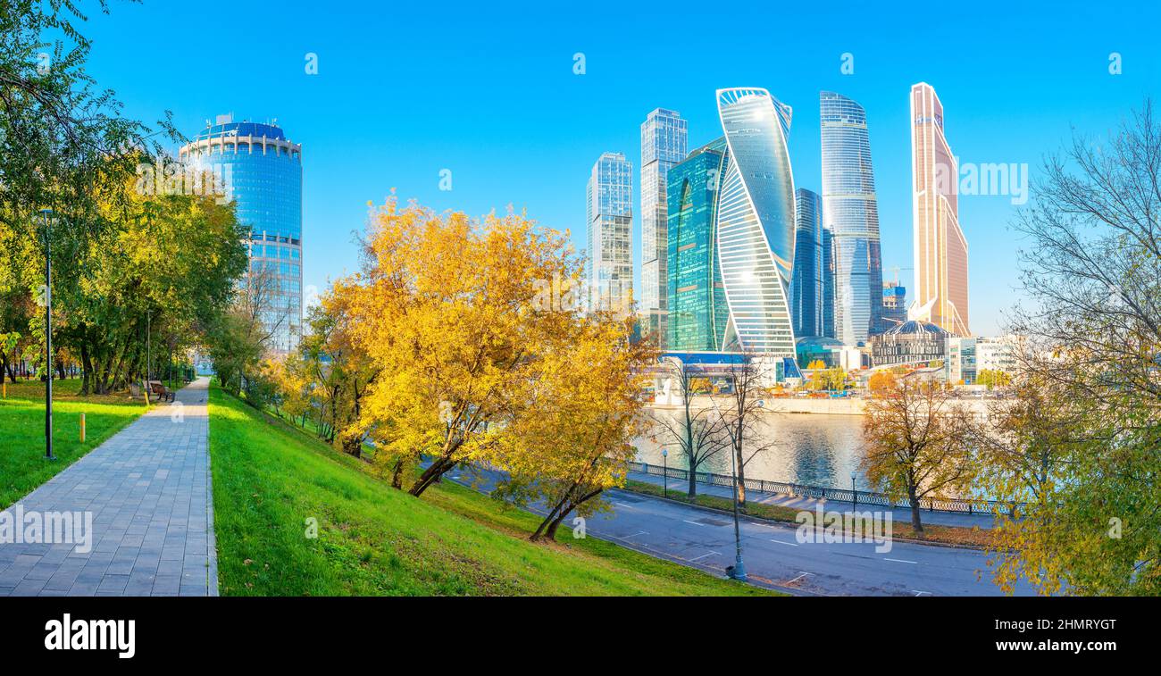 Panorama of Moscow International Business Center at morning with Moskva river and beautiful park Stock Photo