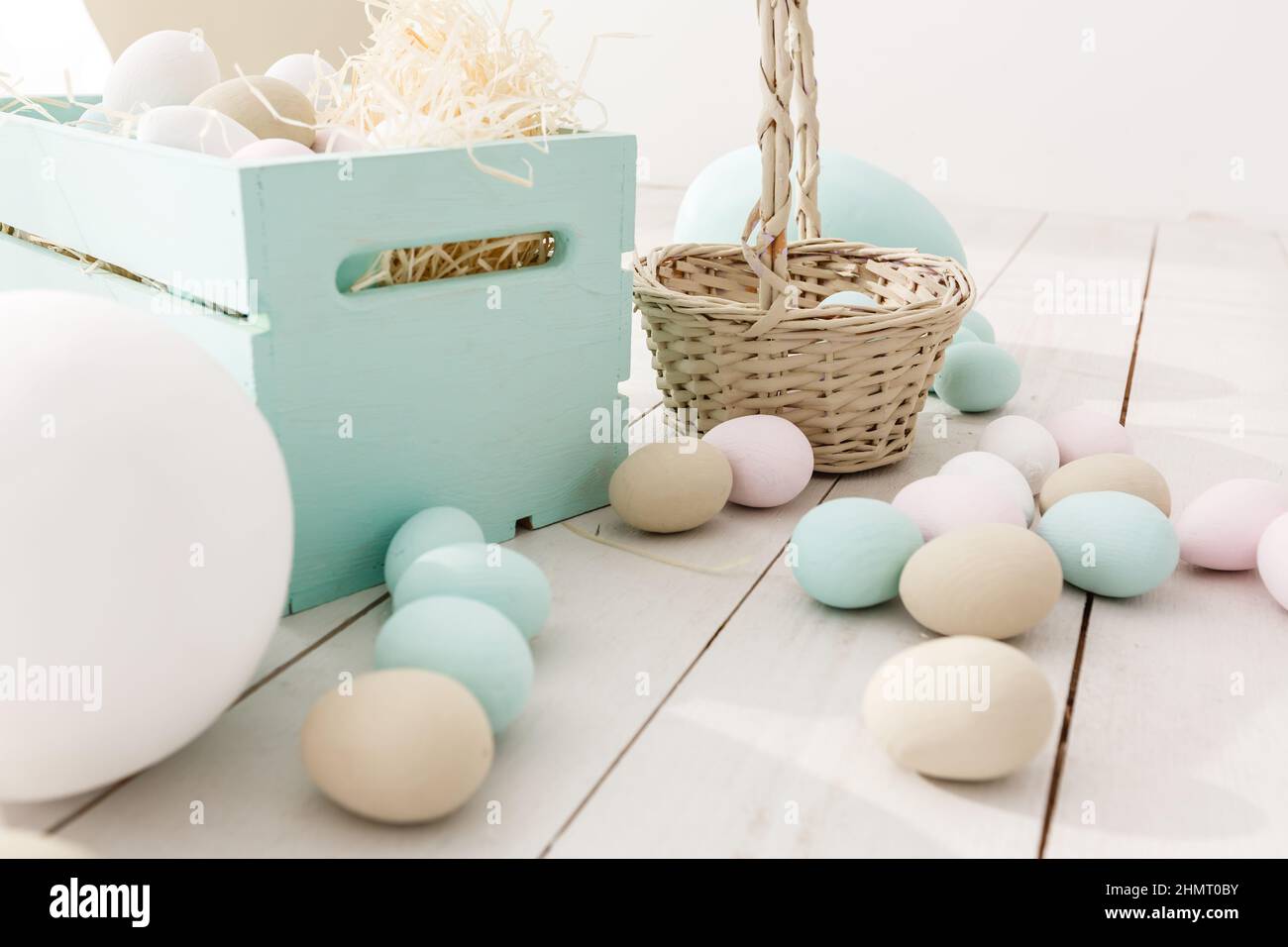 Happy Easter card. Frame with gold and blue speckled easter eggs with ...