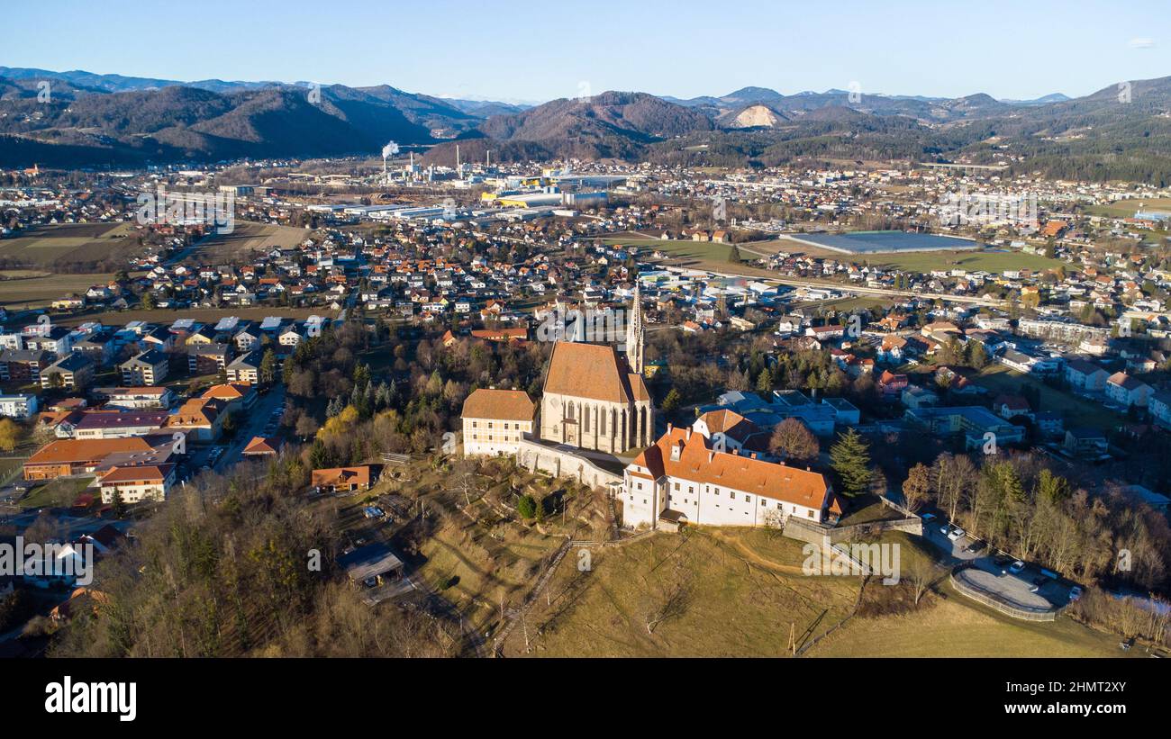 Aerial view of the church in Judendorf Straßengel near Graz in Austria on a clear winter day Stock Photo