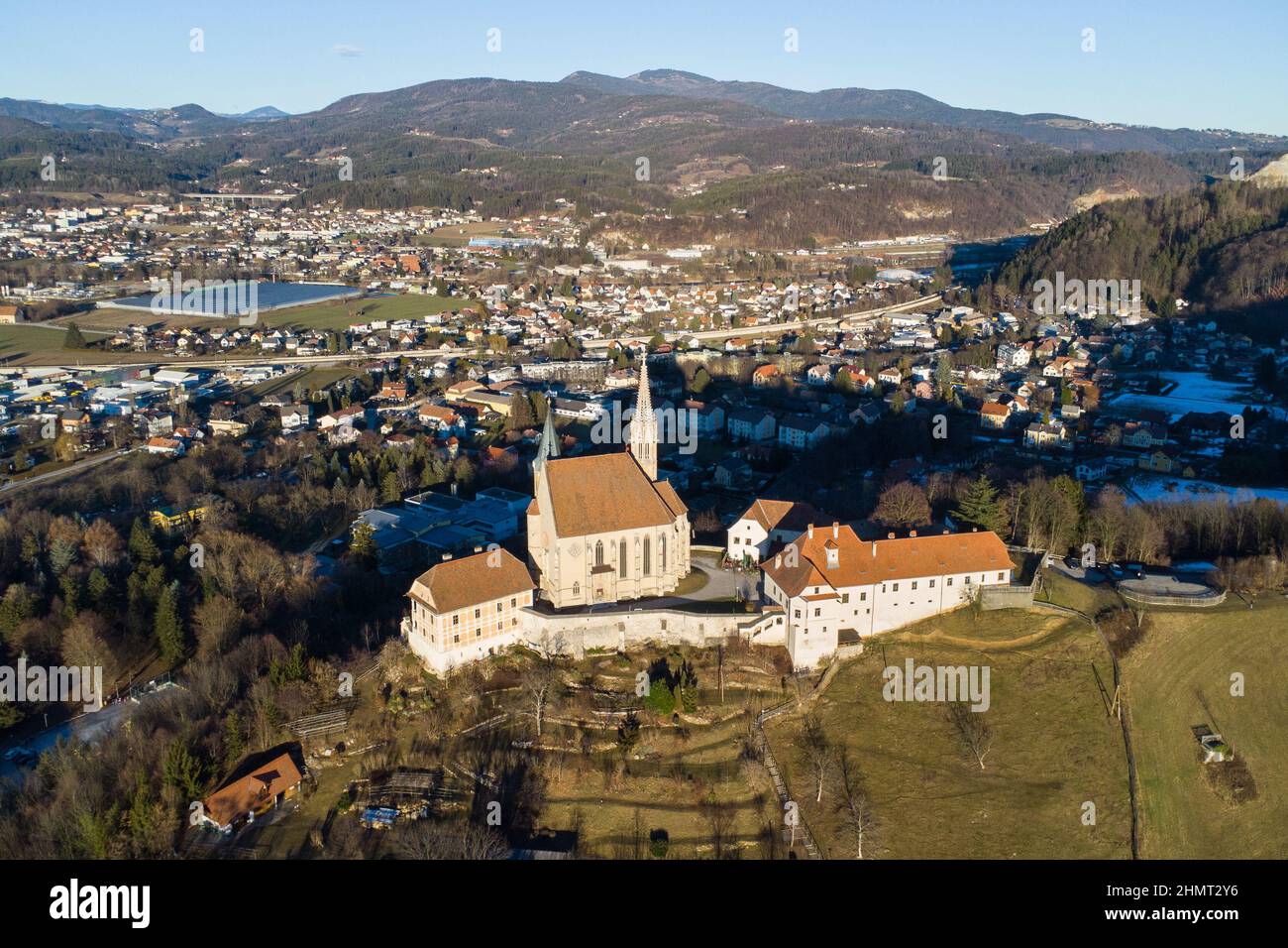 Aerial view of the church in Judendorf Straßengel near Graz in Austria on a clear winter day Stock Photo