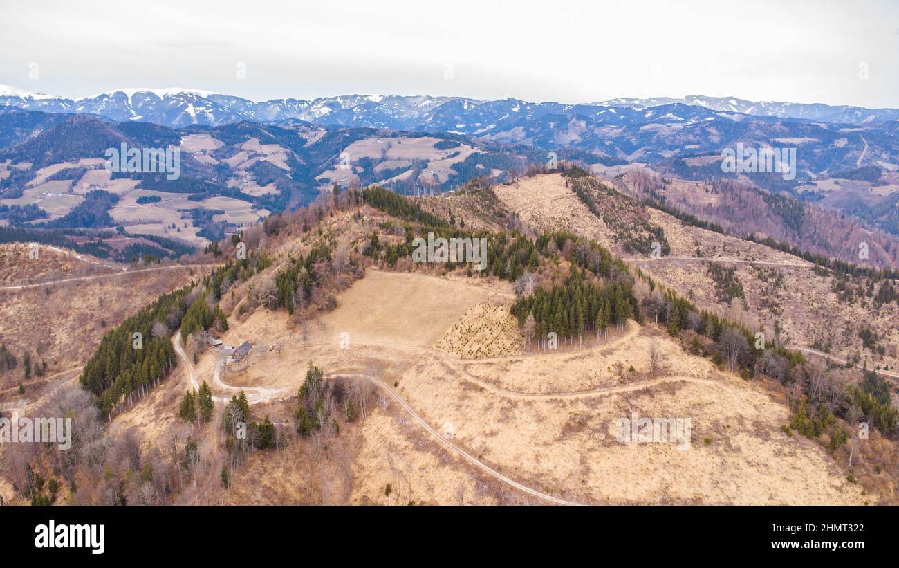 Aerial view of the mountain area north of Graz with remote mountain ...