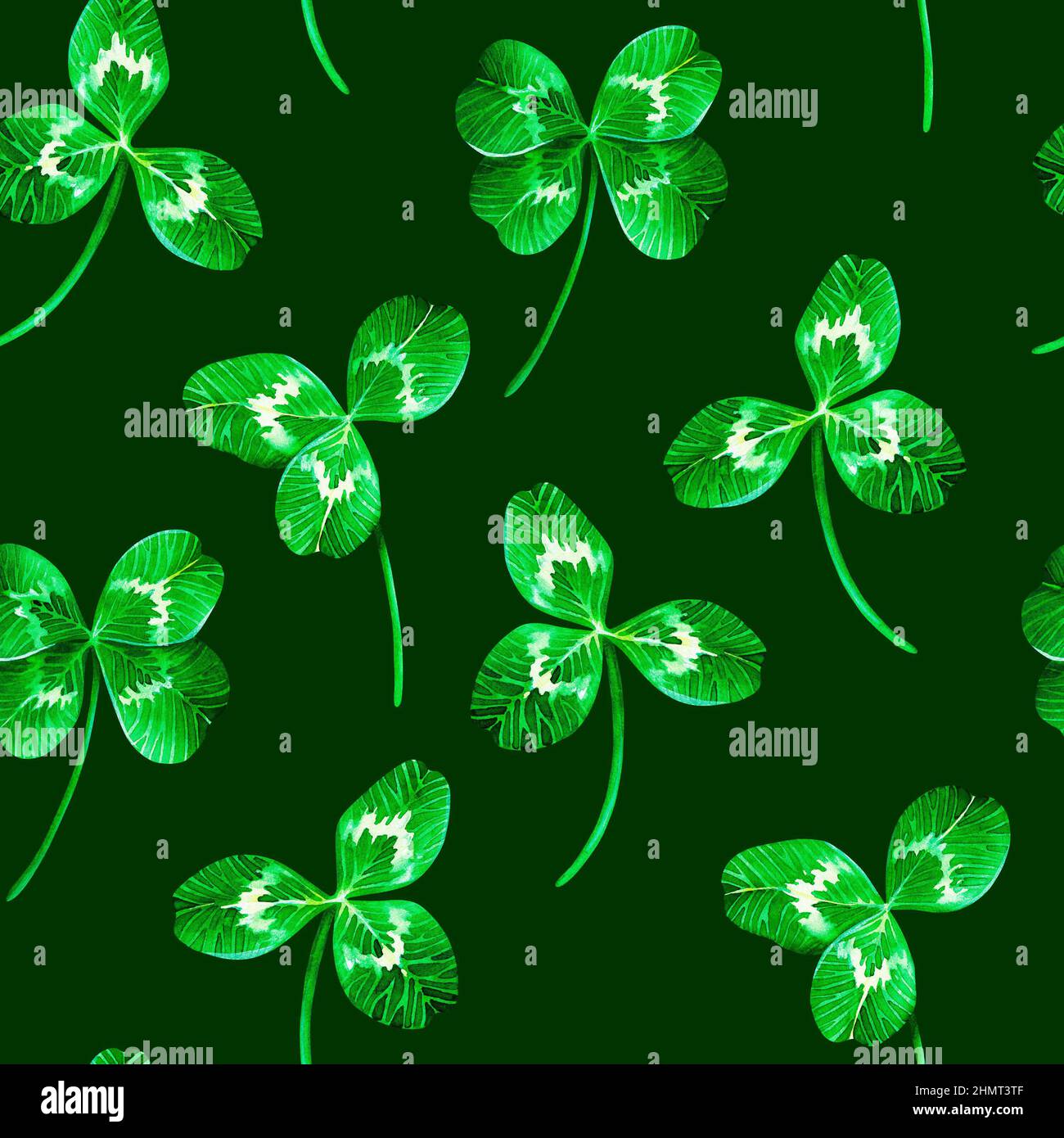 Seamless pattern of clover leaves. St. Patrick's Day. Watercolor illustration. Isolated on a dark green background. For your design. Stock Photo