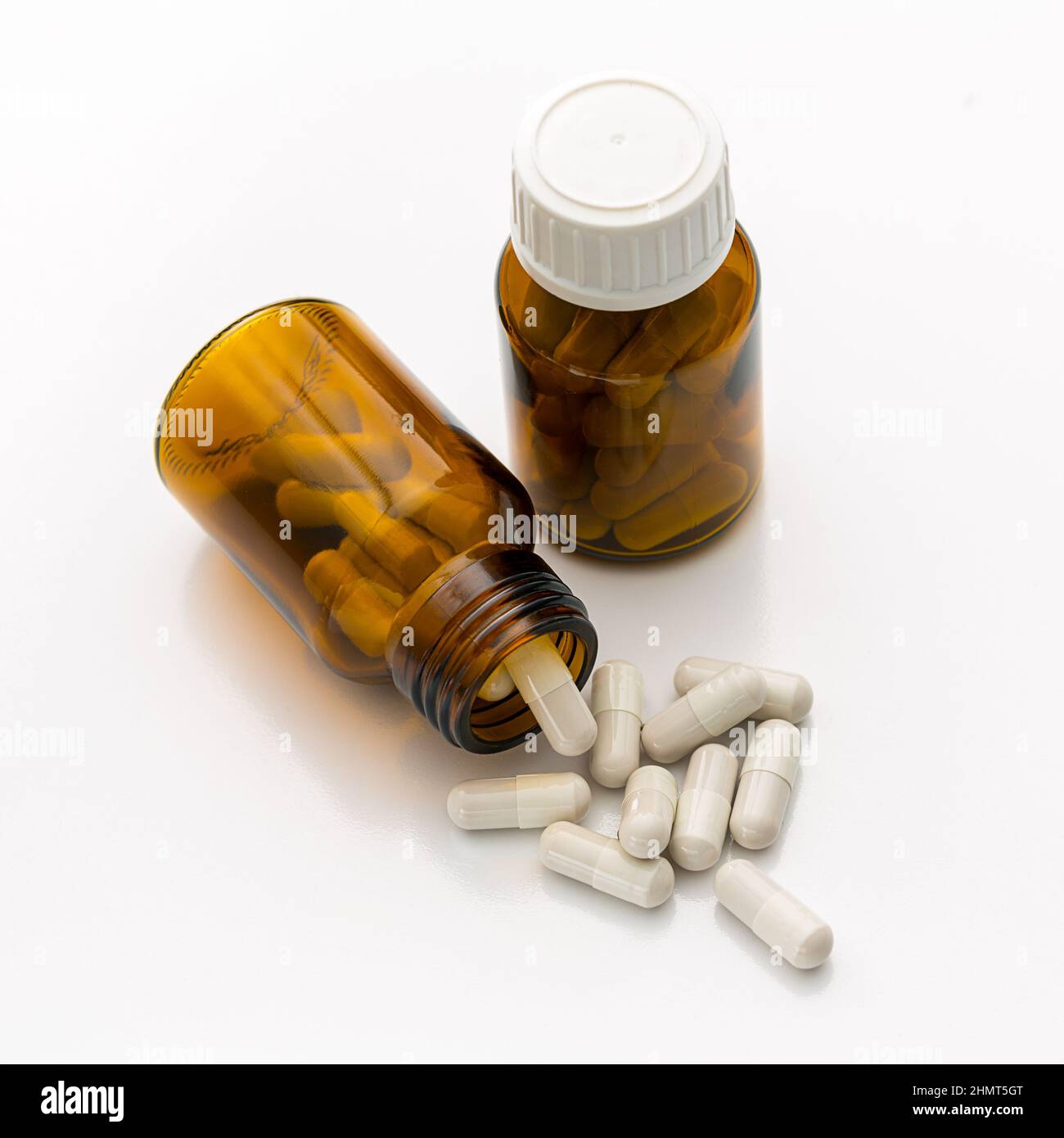 Bottle with vitamin capsules for fitness Stock Photo