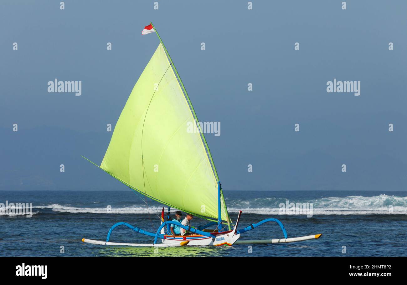Indonesia, Bali, Sanur, fishing outriggers on the beach of Sanur Stock Photo