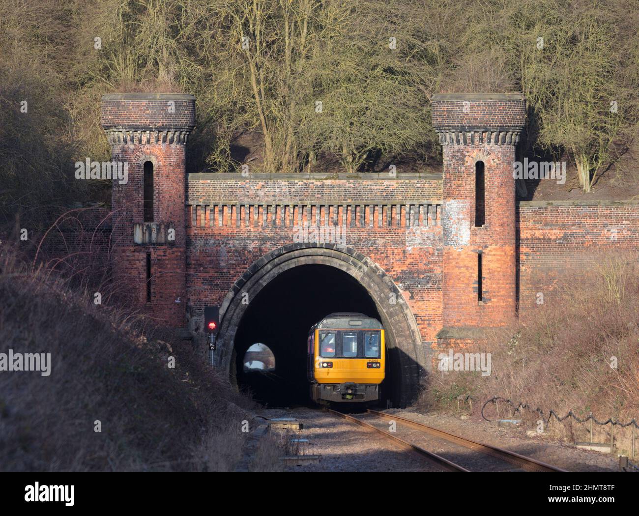 Northern rail class 142 pacer train 142092 leaving Kirton Lindsey tunnel on the Brigg line, Lincolnshire Stock Photo
